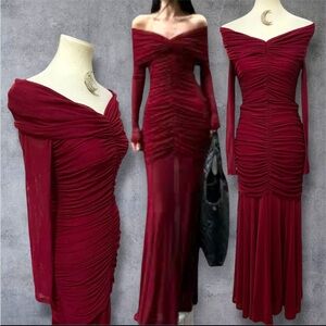 Commense Ruched Off the Shoulder Semi Sheer Body-con Mermaid Maxi Dress Large